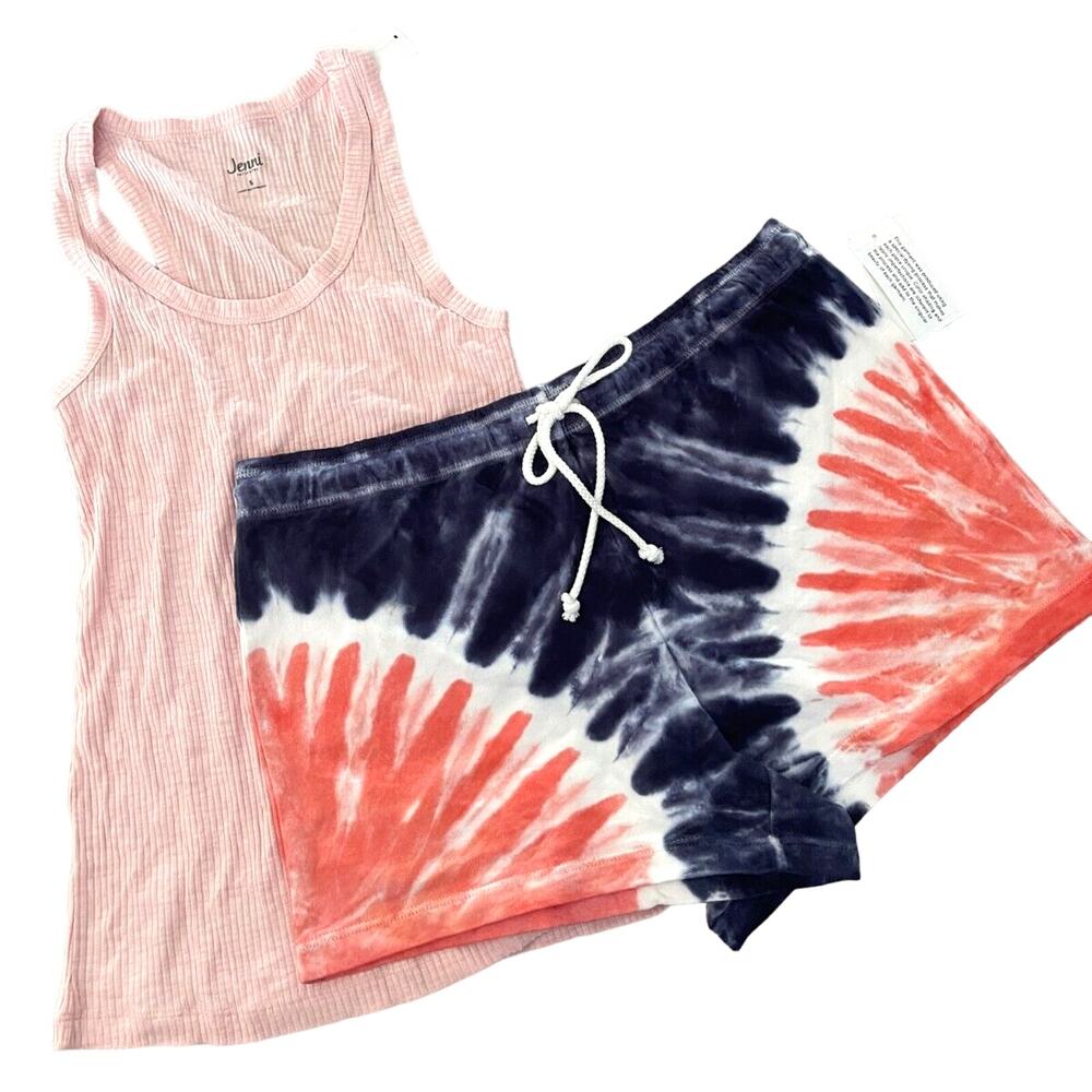 Jenni Intimates Womens Peachskin Ribbed Tank Top & TieDye Shorts 2pc PJs SMALL